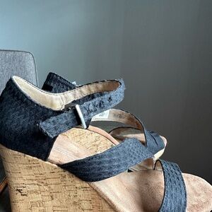 Toms 8 Black Strappy + Cork Wedged Heels